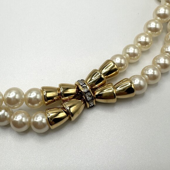 Vintage Double Stranded Pearl Necklace with Gold Rhinestone Accent 17 In Costume - Picture 4 of 6